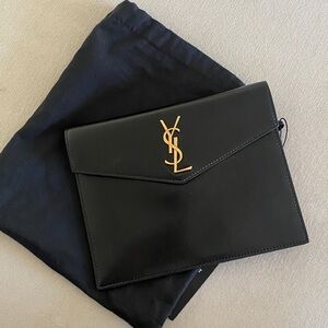 Saint Laurent Black Envelope Clutch with Gold Monogram